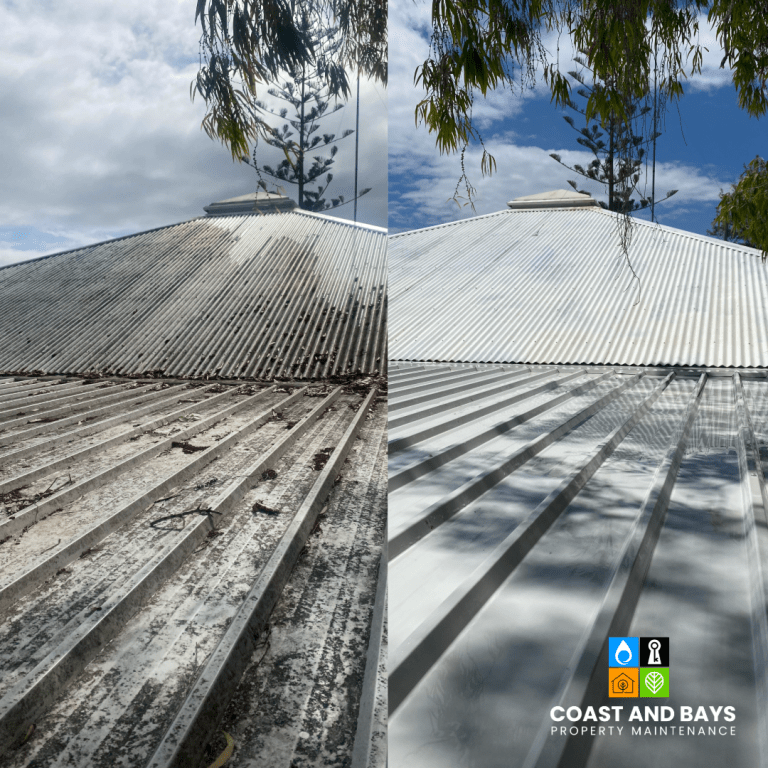 Roof cleaning and soft-wash treatment removing moss, mould, and lichen from tiled and Colorbond roofs — Gold Coast & Brisbane.